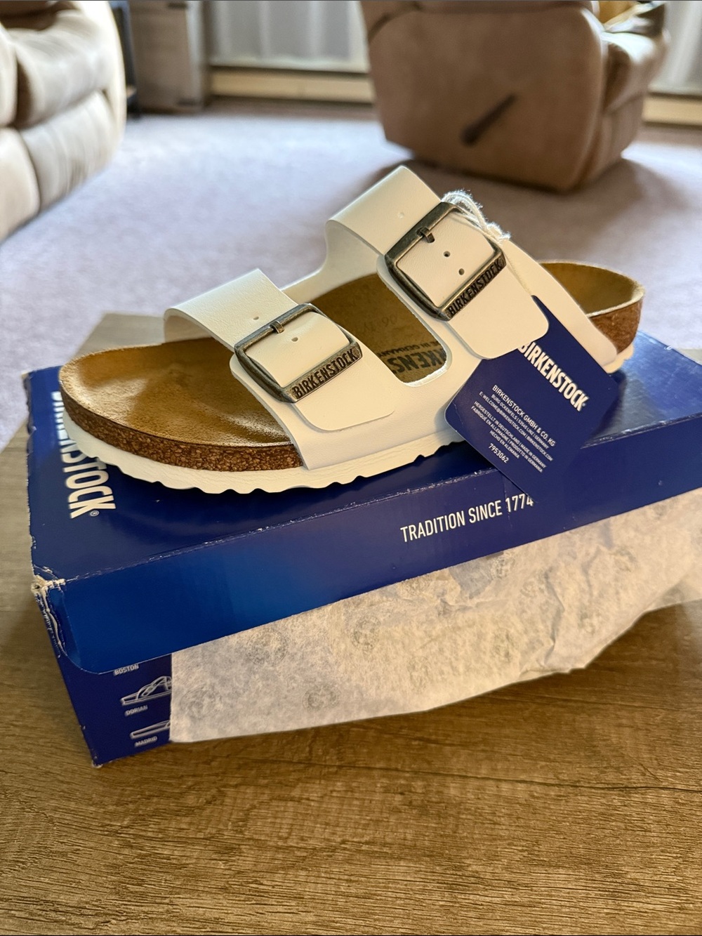 Birkenstock White Arizona Two-Strap Cork Sandal